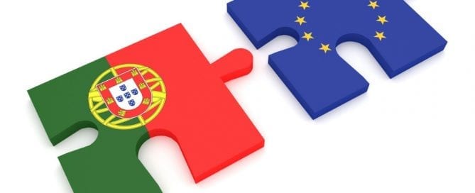 Portugal Golden Visa - puzzle pieces portuguese flag and eu flag 3d illustration picture id585479806
